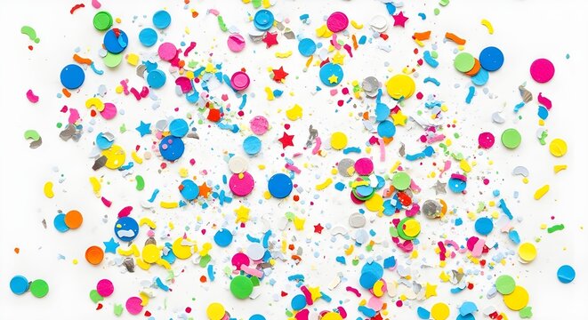 A scattered background of bright, multi-colored confectionery sprinkles on a white surface. Used for celebration, baking, sweets, and joyful backgrounds.
