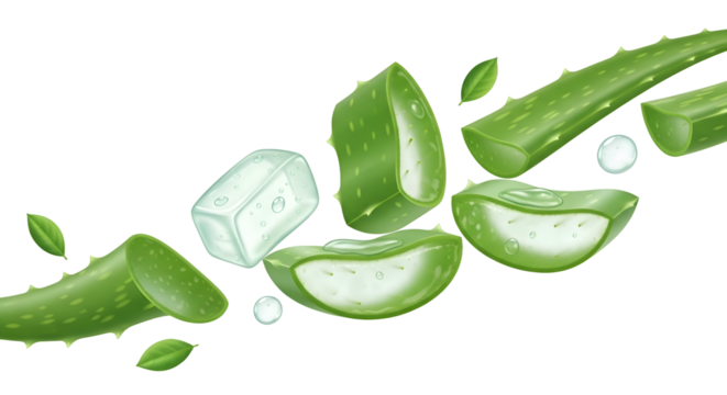 Sliced aloe vera pieces and ice cubes with green leaves on black image
