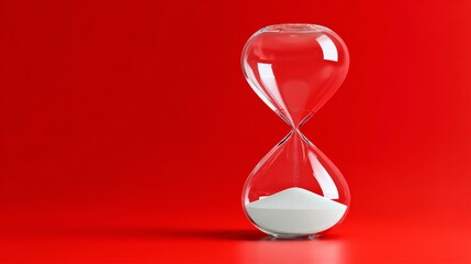 A glass hourglass with sand in it is sitting on a red background. The sand is almost gone, and the hourglass is almost empty. Concept of time passing quickly