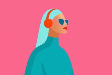 A stylized illustration of a woman with long light blue hair, wearing sunglasses and headphones, set against a bright pink background.