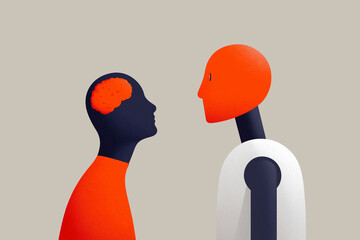 A stylized illustration shows two abstract figures facing each other, one with a brain and the other with a simplistic head, symbolizing thought and interaction.