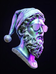 Futuristic cyberpunk bust of a classical bearded man styled as Santa with neon iridescent colors, hat, and sunglasses against a dark background. A vivid blend of ancient form and festive sci‑fi style