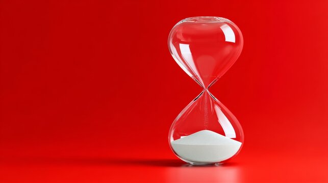 A glass hourglass with sand in it is sitting on a red background. The sand is almost gone, and the hourglass is almost empty. Concept of time passing quickly