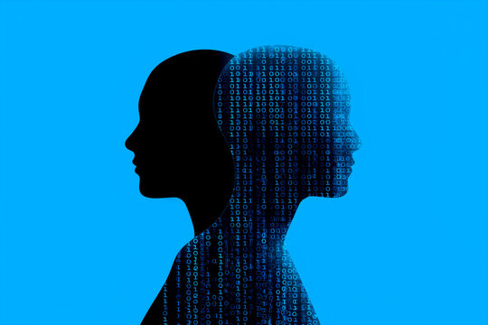 A silhouette of two human heads in profile, one filled with binary code, set against a blue background, symbolizing the intersection of humanity and technology.