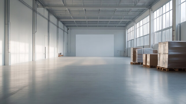 Vast warehouse bathed in sunlight, boxes stacked neatly, awaiting dispatch. Minimalist architecture with a pristine, clean ambiance evokes efficiency. Spacious, ready for use.