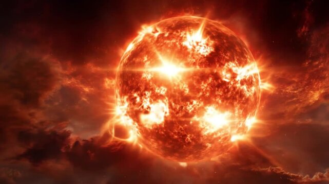 A blazing solar orb erupts with bright plasma flares amid dark red-orange clouds and storm glow red