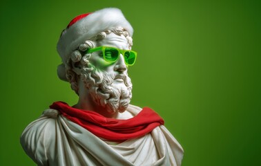 Classical marble bust of a bearded man wearing a Santa hat and scarf on a vivid green background. A fusion of ancient sculpture with festive elements, blending tradition, humor, and modern contrast.