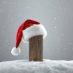 Red Santa hat with white fur trim on wooden post in snowy winter landscape symbolizing Christmas holiday and festive season