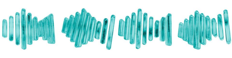 Set of four 3D analyze sound wave shapes in frosted blue ice glass style, isolated on a transparent background. Glassmorphism icons and 3D elements for modern graphic design.