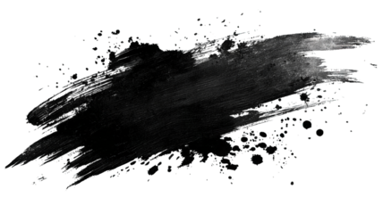 A bold black brushstroke with streaks and splatters, conveying texture and artistic flair.