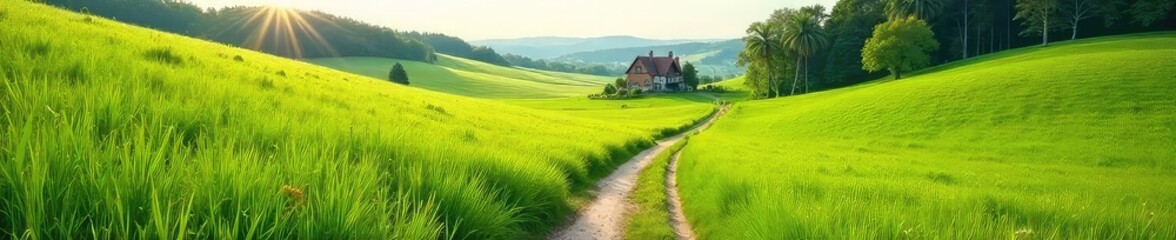 A winding path through a lush green meadow leads to a distant, idyllic home, symbolizing the journey and destination of family life , serene, hope