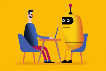 A colorful illustration of a person and a robot sitting across a table, engaged in a conversation while using a laptop.