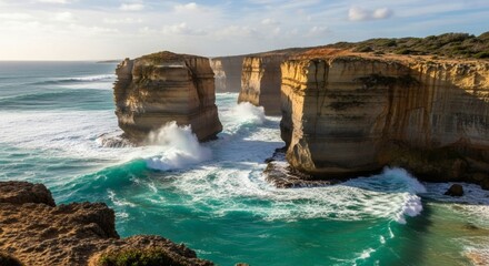 Coastal rock formations emerge from turquoise waters, waves crashing on them under a partly cloudy sky