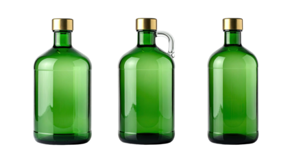 Three green bottles with golden caps, arranged side-by-side