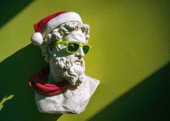 Classical marble bust of a bearded man wearing a Santa hat and scarf on a vivid green background. A fusion of ancient sculpture with festive elements, blending tradition, humor, and modern contrast.