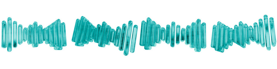 Set of four 3D waveform shapes in frosted blue ice glass style, isolated on a transparent background. Glassmorphism icons and 3D elements for modern graphic design.