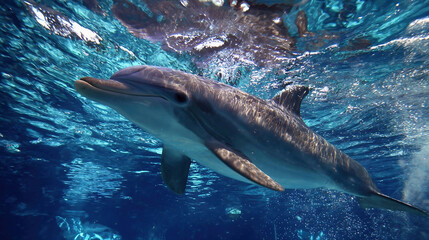 Fototapeta premium A vibrant underwater scene showcasing dolphins gracefully swimming through a lush kelp forest, sunlight streaming through the water, illuminating the swaying kelp and creating a serene marine paradise