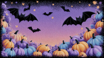"Halloween background with bats and colorful pumpkins," "Purple and orange spooky Halloween party backdrop," "Festive pumpkin border with flying bats and stars"