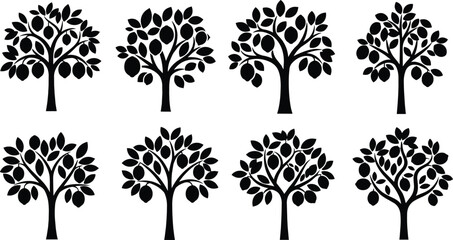 Minimalist black tree silhouette icons, nature design elements, botanical vector set, eco friendly illustration pack, abstract forest graphic collection, isolated