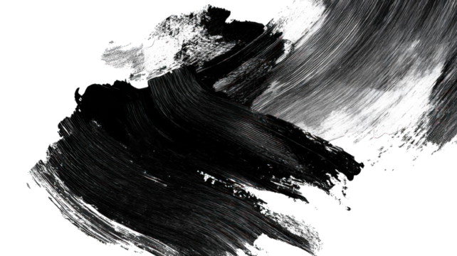 An abstract composition featuring bold, contrasting brush strokes in black and white on a dark background.