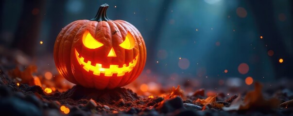 Naklejka premium A glowing, otherworldly pumpkin levitates amidst swirling, mystical energy Intricate carvings glow with an eerie, supernatural light Perfect for Halloween or fantasy themes , purple, mysterious