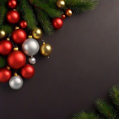 A Christmas ornament hanging with a border of gold, red, and silver baubles on a dark pine texture