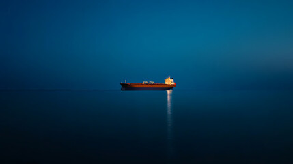 Cargo ship gliding through still, midnight-blue waters under a dark sky. A solitary ship navigates the calm seas, a serene and minimalist scene. Maritime transport at night.