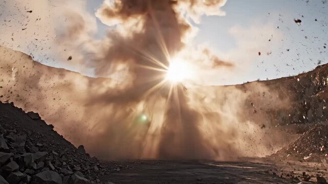 Dramatic quarry explosion unleashes dust cloud under sunlit sky