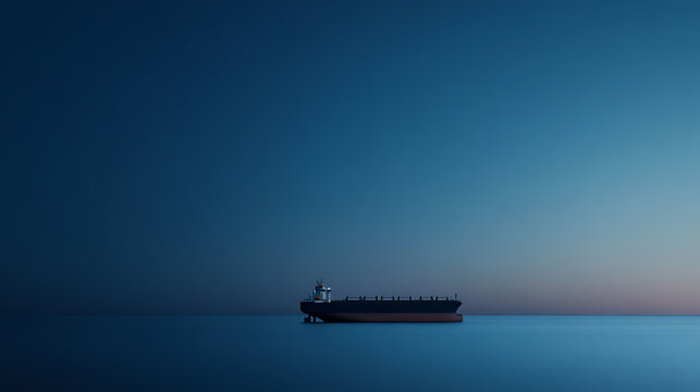 A large cargo ship sailing on calm, blue waters beneath a gradient sky, representing global trade, logistics, and the quiet strength of maritime transport at dusk. - Powered by Adobe