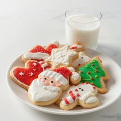Delicious Christmas sugar cookies decorated with colorful icing in Santa, tree, and heart shapes. Served with a glass of milk, perfect for holiday celebration and festive design themes.