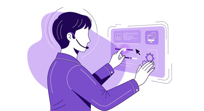 Modern operator manages digital dashboard with precision in minimalist vector style
