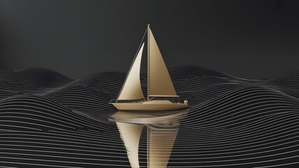 Golden luxury sailboat floating on dark reflective abstract ocean waves illustration