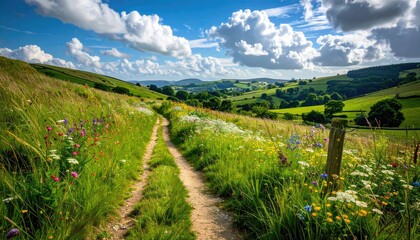 Obraz premium Dirt Path Winding Through a Lush Meadow Bursting with Wildflowers Under a Dramatic Blue Sky with Puffy Clouds