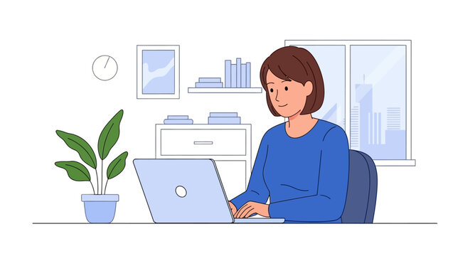 Woman working on laptop at home, showcasing modern minimalist lifestyle and cozy remote work setup