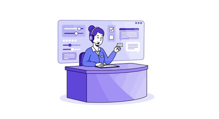 Customer support representative assisting online with communication, a virtual helpdesk illustration