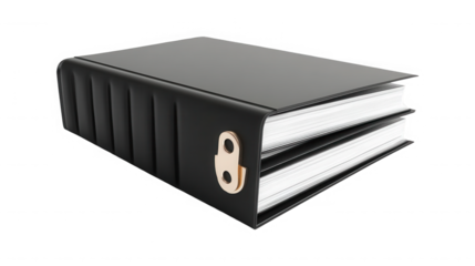 Black book with gold clasp resting on a black surface in a studio setting on transparent background