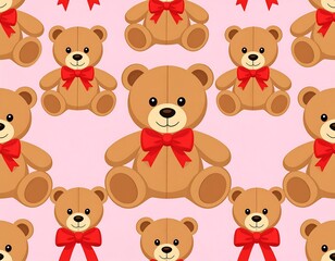 Obraz premium Cartoon teddy bears with red bows, repeating on a pink background