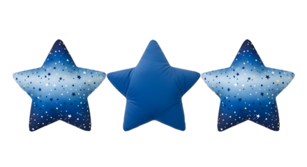 Three blue star shaped pillows with starry night pattern on black star pillow blue pillow