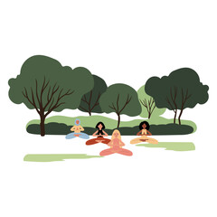 Flat vector illustration: multicultural women — Caucasian, African American, Asian and Muslim in hijab — practicing yoga and meditation in green park. Outdoor relaxation, calmness, balance, nature.