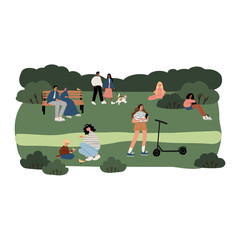 Flat vector illustration of park: Caucasian, African American, and Muslim people of all ages. Couple walking dog, family feeding birds, girl with scooter, people reading, meditating, and relaxing.