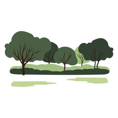 Vector park illustration with trees and bushes. Calm natural scene, smooth shapes, gentle green tones, summer freshness, peaceful outdoor environment.
