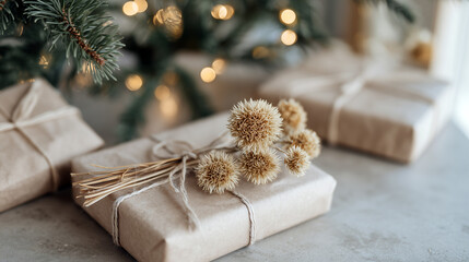 Sustainable Christmas gift wrapping with kraft paper, dried flowers, natural decorations. Eco-friendly holiday presents under tree with bokeh lights, minimalist rustic style, zero waste concept.