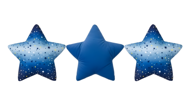 Three blue star shaped pillows with starry night pattern on black star pillow blue pillow