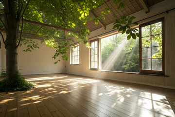 Tranquil Japanese-style interior with wooden floor, sunlight through leaves. Symbol of mindfulness, peace, personal growth and balance in life. Perfect for wellness and mindset themes.