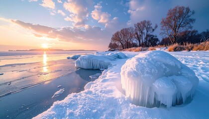 Frozen Lake Shoreline Ice Formations At Sunrise With Golden Sun Rays Reflecting On The Water And Snow Covered Ground With Bare Trees In The Background