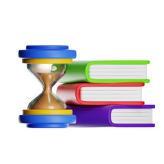 Hourglass counting time next to stack of books