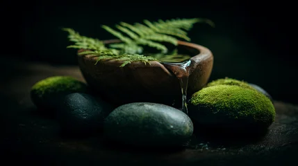 Fototapete Toilette Spa zen composition with wooden bowl, flowing water, green fern leaves, moss and smooth stones on dark background. Natural wellness, ayurveda therapy and relaxation with nature connection concept.  © dinatychynska