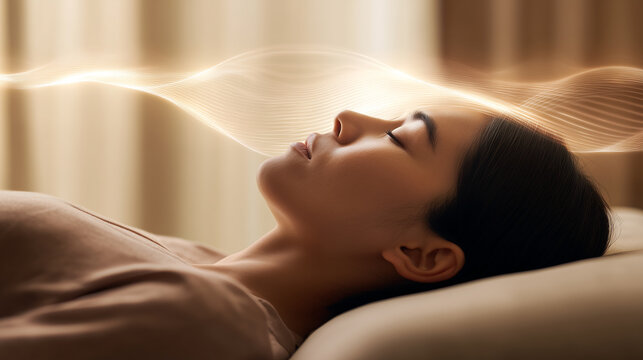 Woman experiencing sound healing therapy with vibrational waves. Audio meditation, relaxation with singing bowls, peaceful wellness treatment for mental and emotional balance, holistic therapy.