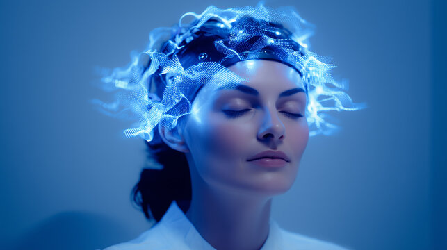 Brain research concept with woman wearing digital neural network headband. Neuroscience technology visualization, artificial intelligence, cognitive science, mind mapping, futuristic medical study.