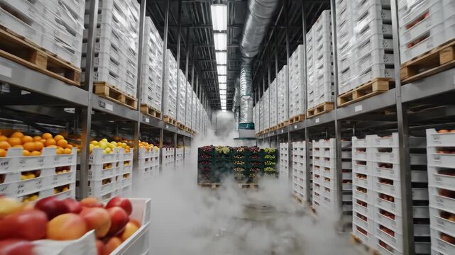 Automated cold storage facility with fruits and efficient fog ventilation system